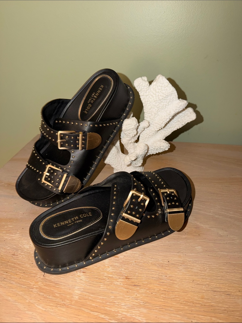 Kenneth Cole Black Sandals with Gold Buckles and Stud Accents